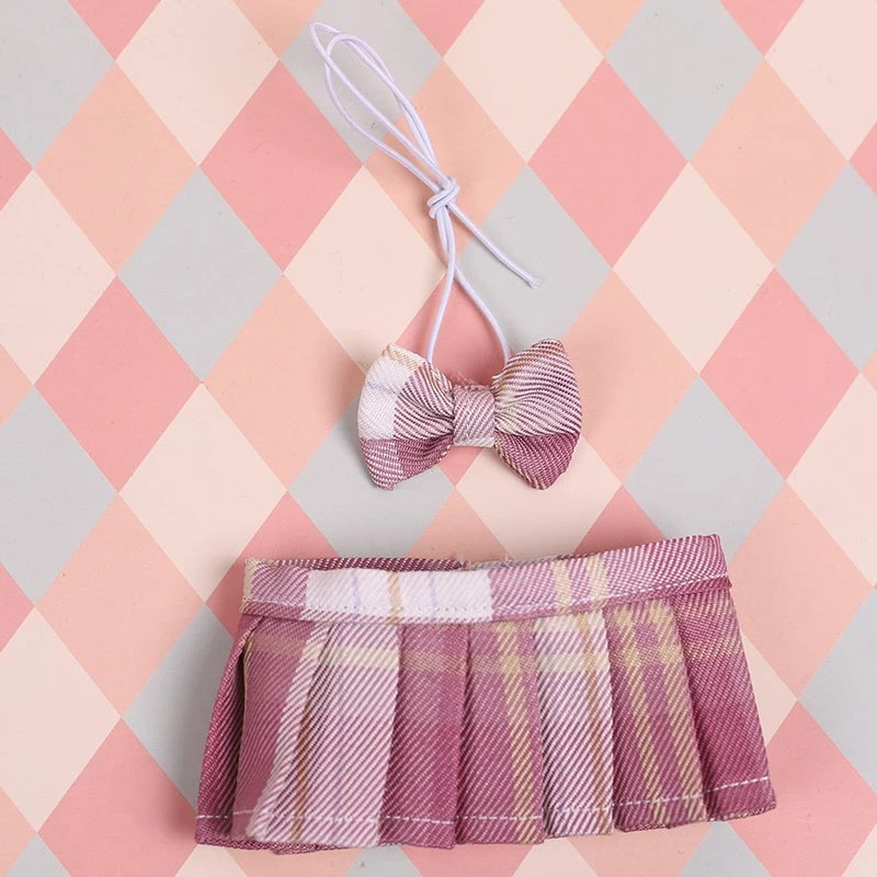 JK Pleated Doll Skirt Sets — JK pleated skirt bow tie 2-piece set - Red and white plaid raspberry tea