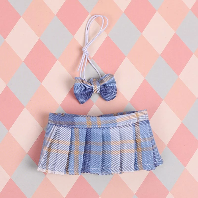 JK Pleated Doll Skirt Sets — JK pleated skirt bow tie 2-piece set - Dark and light blue plaid ice cream