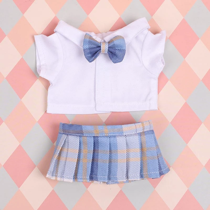 JK Pleated Doll Skirt Sets — JK pleated skirt bow tie shirt 3-piece set - Dark and light blue plaid ice cream