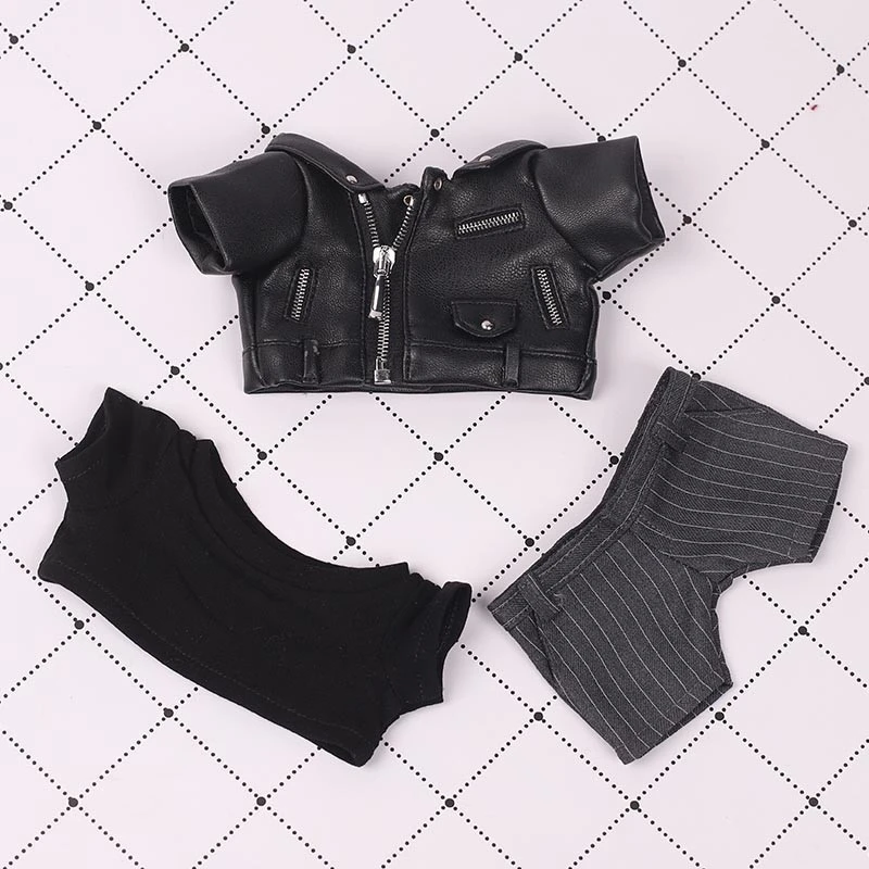 Mini Doll Jacket and Trouser Sets — Black faux leather jacket with dark grey striped suit trousers, 3-piece set