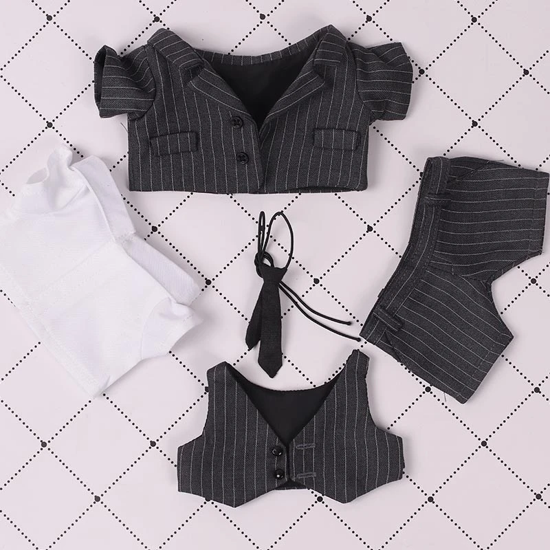 Mini Doll Suit Sets — Dark grey striped suit shirt vest necktie 5-piece set