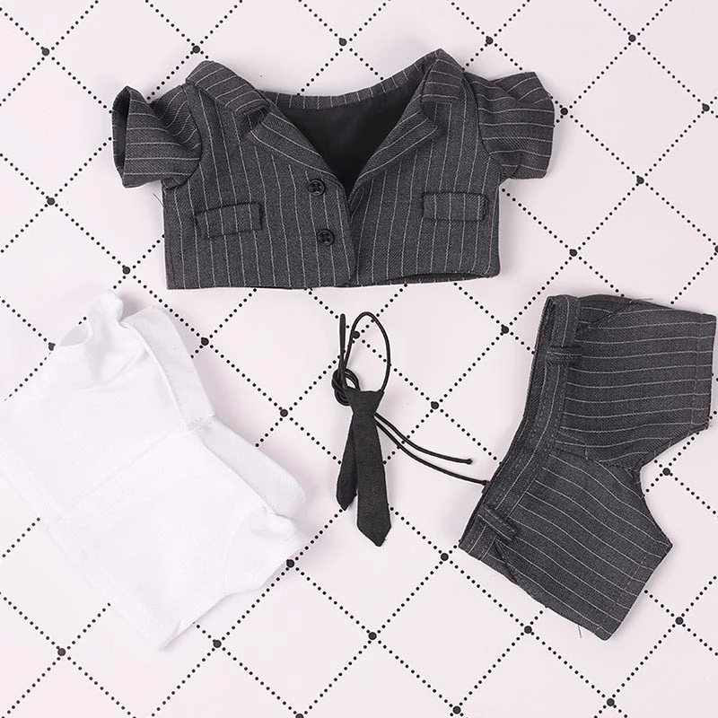 Mini Doll Suit Sets — Dark grey striped suit shirt necktie 4-piece set
