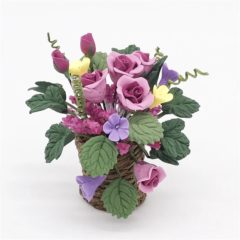 Miniature Rose Bouquet in a Woven Basket — wholesale doll clothing and miniature accessory